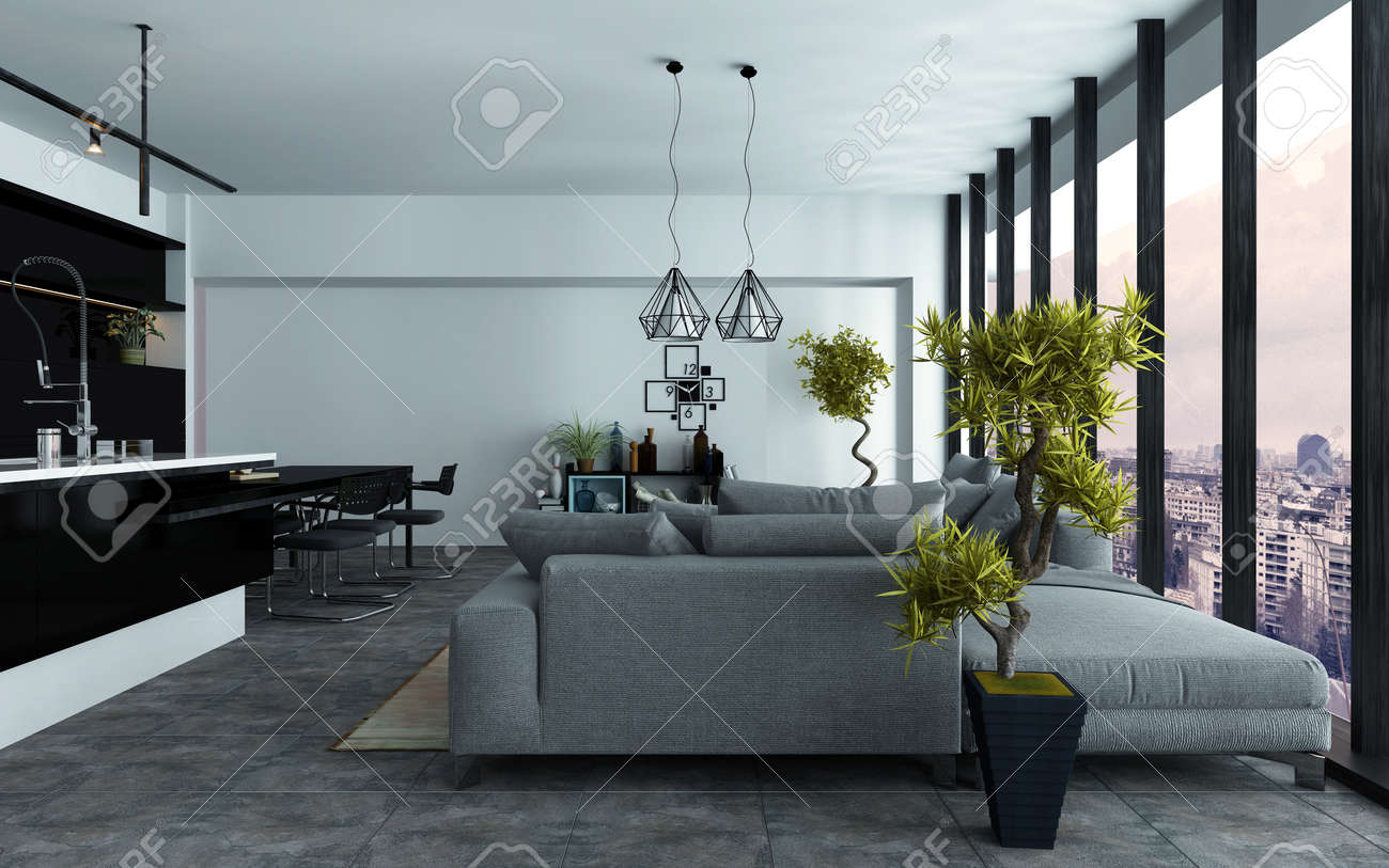 Moderne Offene Wohnzimmer house capdepera modern renovated townhouse with mountain and sea Gerumige Moderne Offene Wohnzimmer Mit Kche Und Komfortable Grau Sofas In Zwei Sitzbereiche Vor Panoramafenster Blick Moderne Offene Wohnzimmer moderne wohnungseinrichtung offene gestaltung wohnzimmer esszimmer Gerumige Moderne Offene Wohnzimmer Mit Kche Und Komfortable Grau Sofas In Zwei Sitzbereiche Vor Panoramafenster Blick