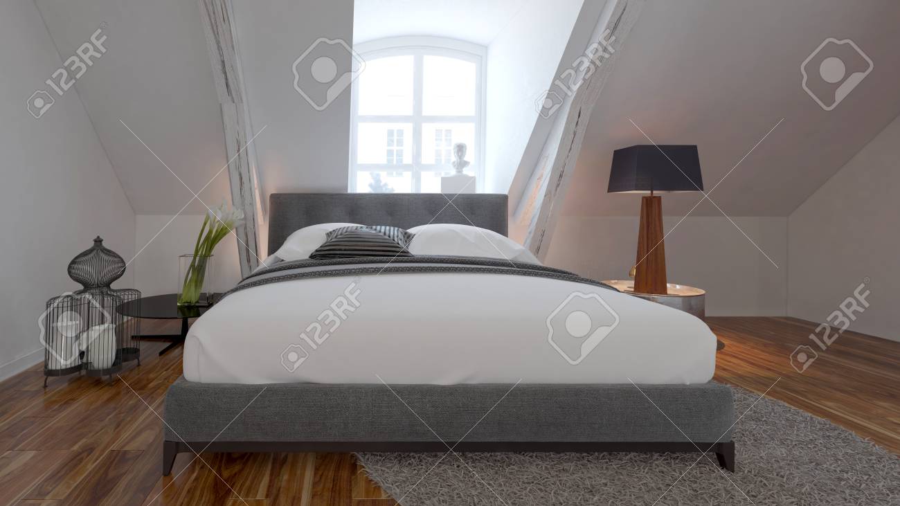 Moderne Schlafzimmer Interieur mit bequemen Bett unter einer Dachschräge. 11D-Rendering. Moderne Schlafzimmer Interieur mit bequemen Bett unter einer Dachschräge. 11D-Rendering.