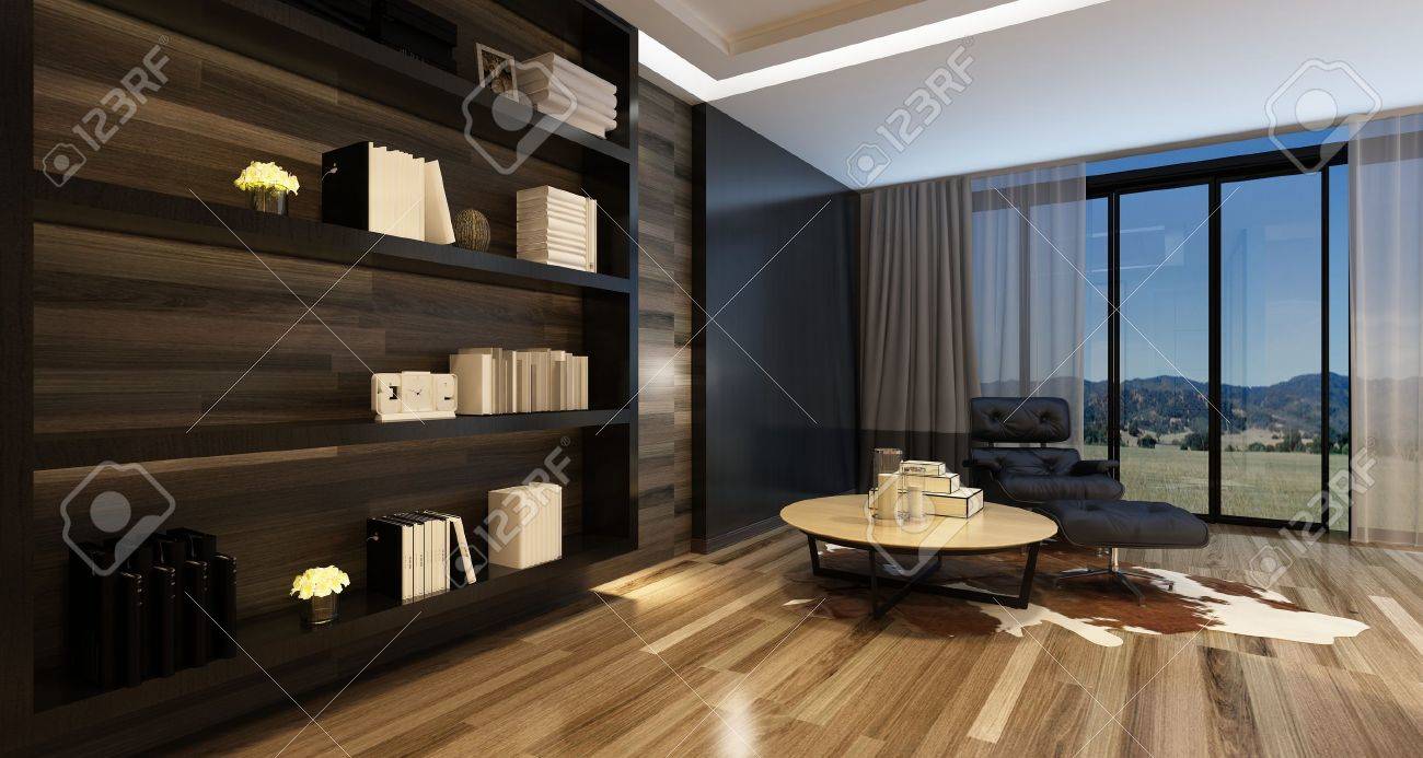 パノラマ ウィンドウの前に大きな壁のキャビネットと黒のリクライニングチェアの椅子とスタイリッシュ モダンな家で快適なリビング ルームのインテリア 3 D レンダリング の写真素材 画像素材 Image