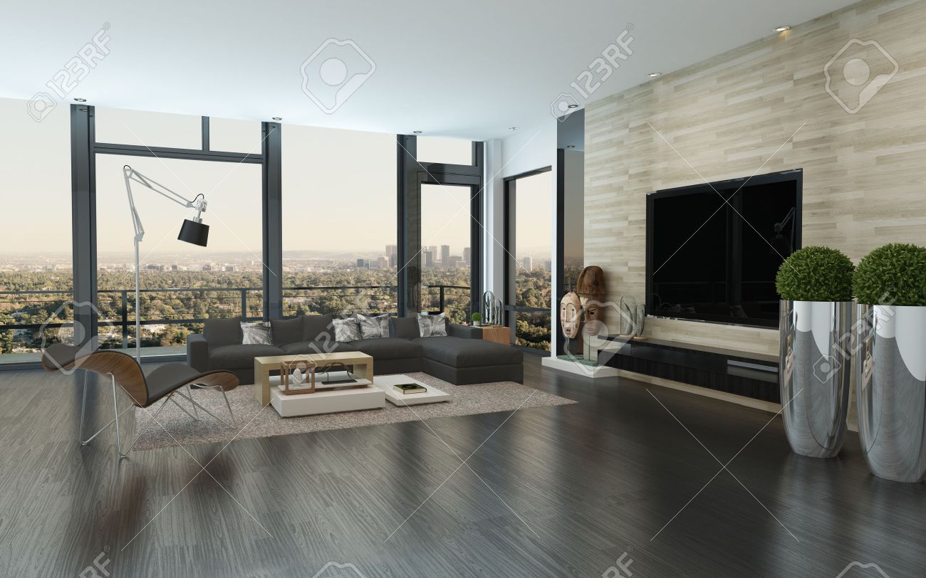 modern urban living room interior with large view windows modern urban living room interior with large view windows