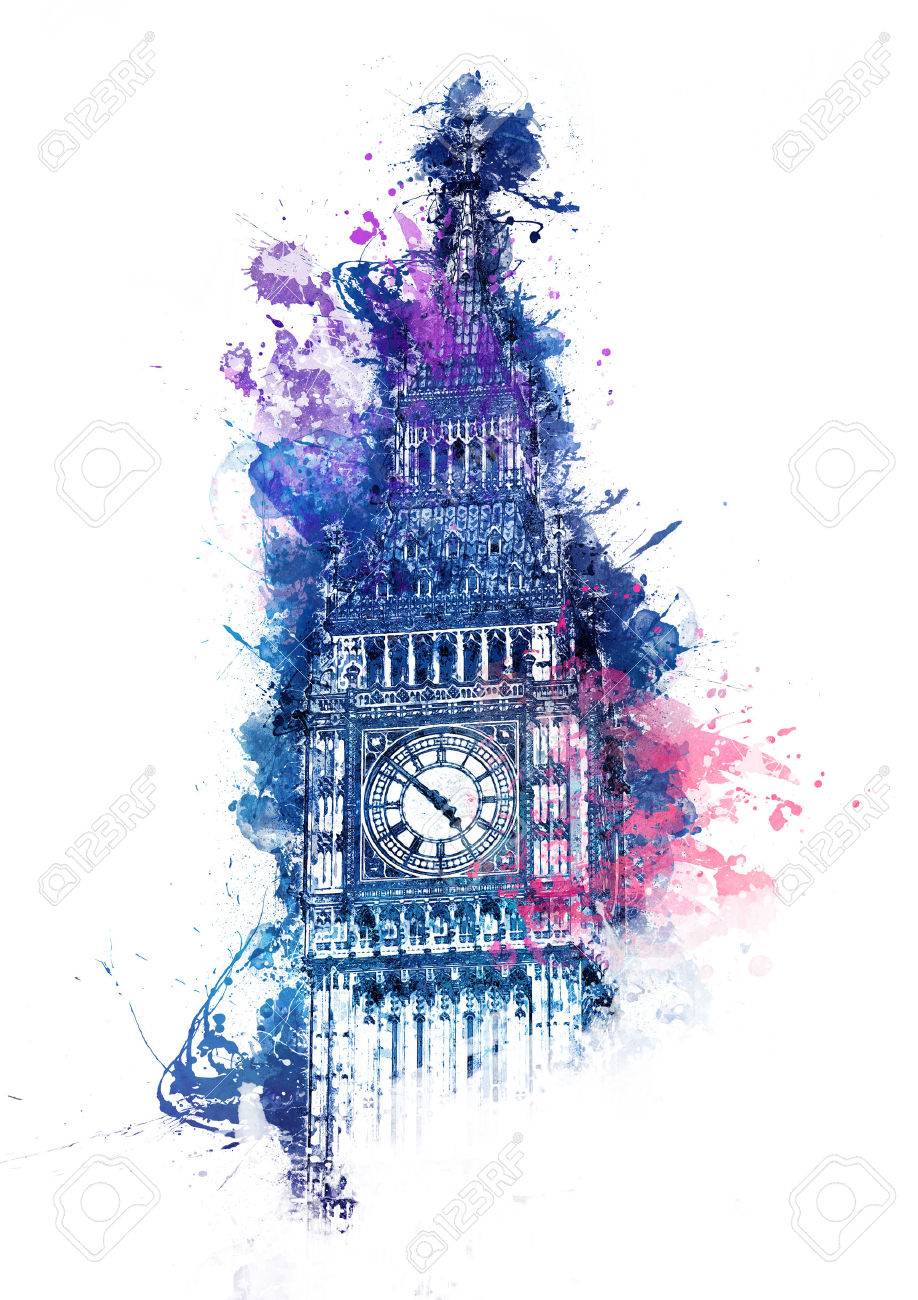 colorful watercolor painting of big ben clock tower in westminster