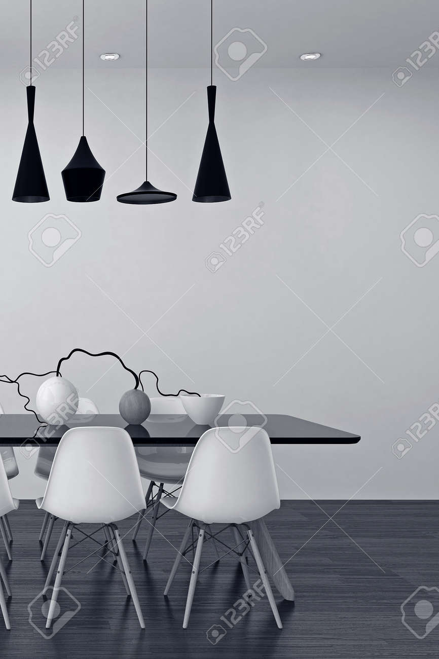 Moderne schwarze und weiße esszimmer interieur mit einer eleganten reihe von lampen über einem tisch mit