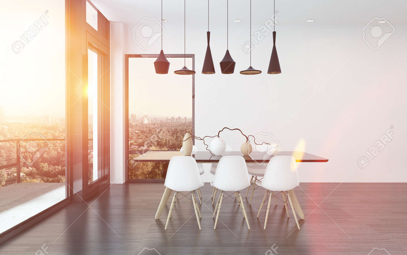 Comedor Contemporáneo En Una Sala De Estar Con Cuatro Luces Del ... Comedor Contemporáneo En Una Sala De Estar Con Cuatro Luces Del ...