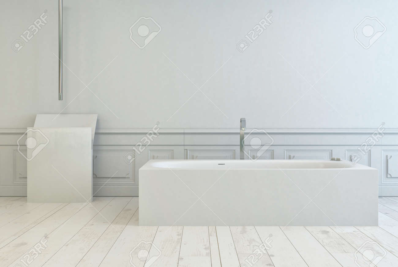 Semplice vasca rettangolare bianco in un bagno bianco per ... Pavimenti per bagni moderni