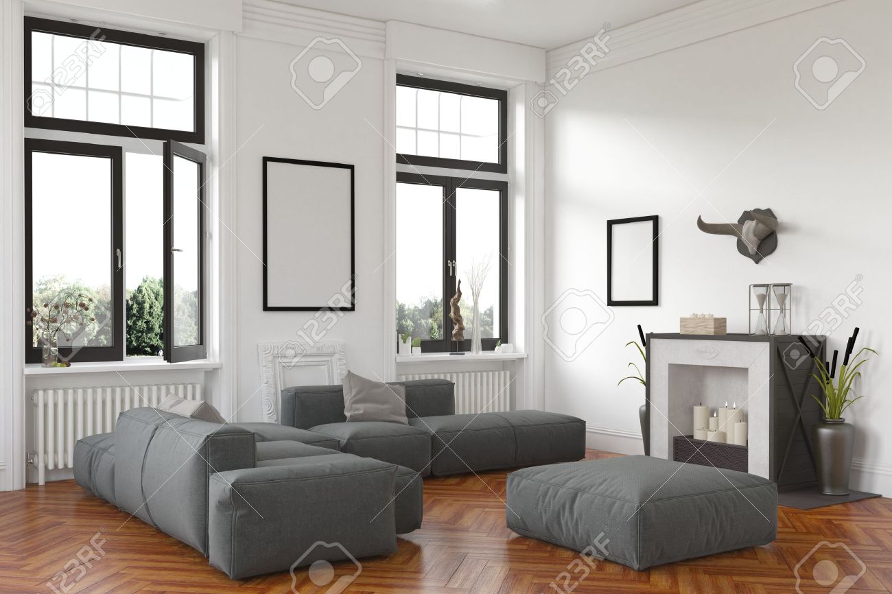Stylish Living Room Interior With Fireplace And Comfortable Grey ... Stylish Living Room Interior With Fireplace And Comfortable Grey ...