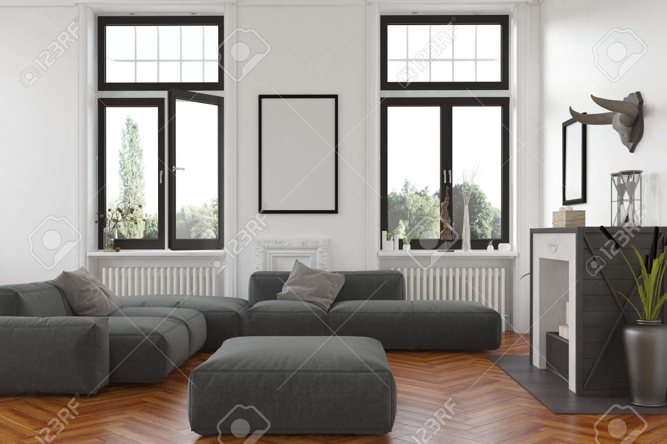 Gemütliches Wohnzimmer Interieur Mit Kamin Und Heizkörper Unter ... Gemütliches Wohnzimmer Interieur Mit Kamin Und Heizkörper Unter ...