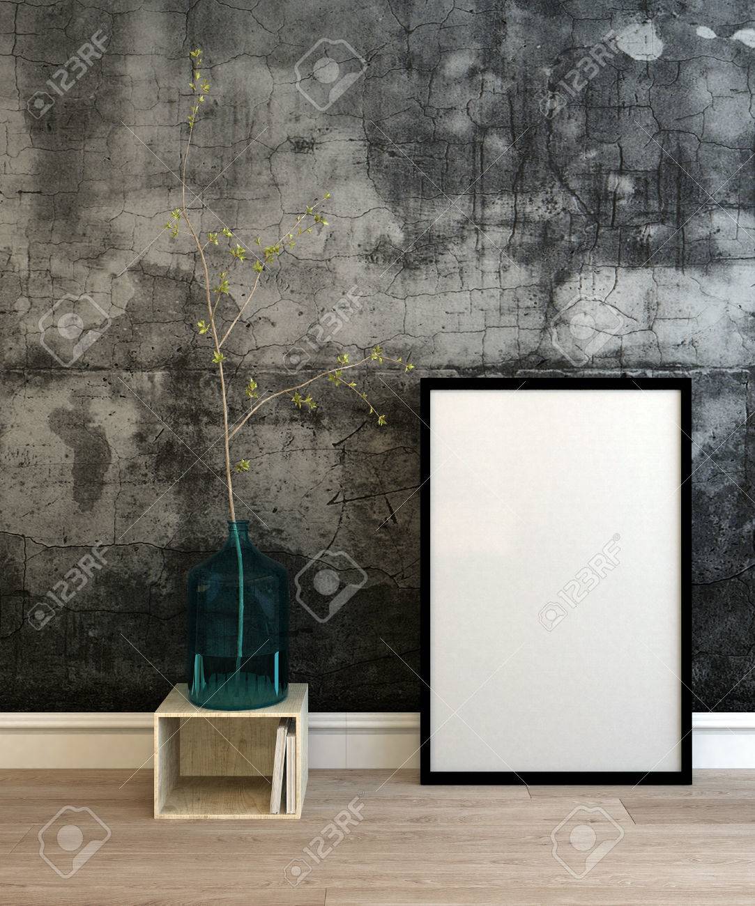 ひびの入った壁 鍋に小さなツリーの横にある木の床に黒い枠で空の図枠の 3 D レンダリングします の写真素材 画像素材 Image