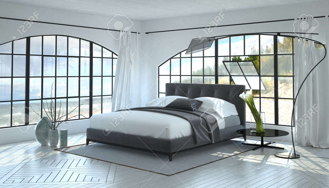 Un Blanche Lumineux Aéré Double Monochromatique Avec Gris Chambre Lit Grandes Une Vue Dans De Salle Fenêtres Moderne Entre Deux Et Intérieure pGVLqSzMU