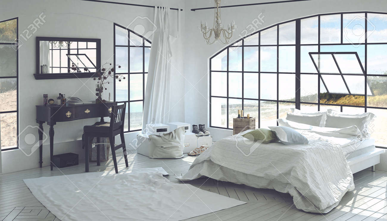 Home interior 3d della camera da letto spaziosa con scrivania in ...