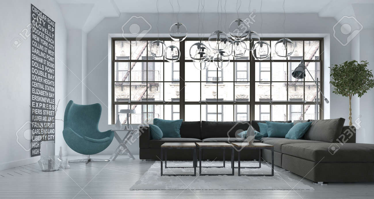 Modern Urban Apartment Building living room interior in a modern urban apartment with a grey Modern Urban Apartment Building living room interior in a modern urban apartment with a grey