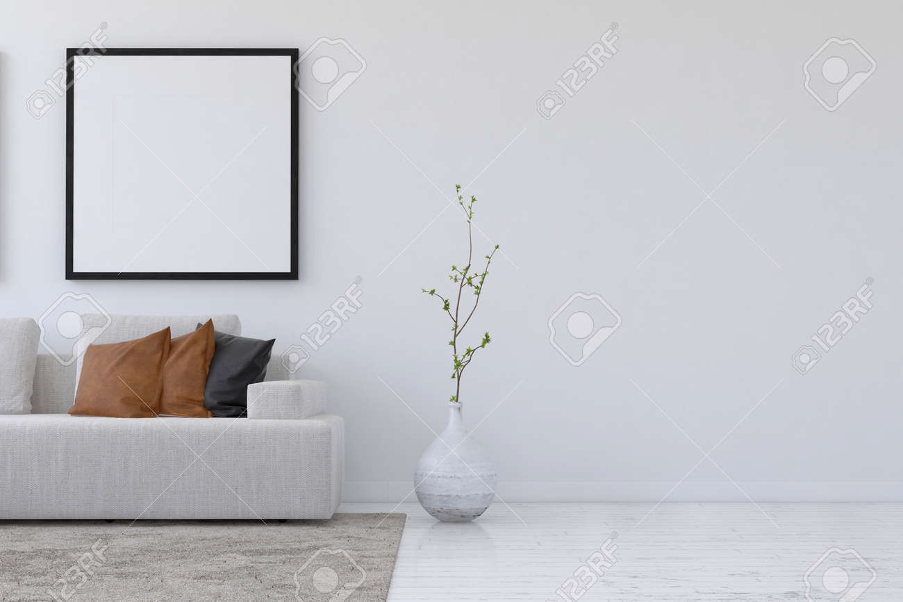 Straight On 3D Rendering Of Simple Living Room With Sofa And Straight On 3D Rendering Of Simple Living Room With Sofa And