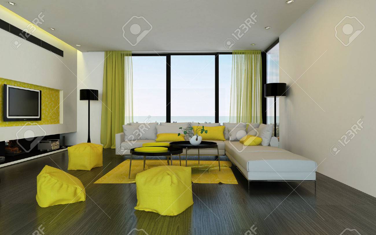Interior Of Luxury Condominium Living Room With Yellow Soft Chairs