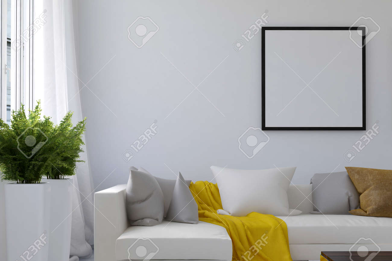 Living room scene with blank picture frame and long white sofa with loose yellow blanket between pillows and houseplants near window. 3d Rendering. - 60638991 Living room scene with blank picture frame and long white sofa with loose yellow blanket between pillows and houseplants near window. 3d Rendering. - 60638991