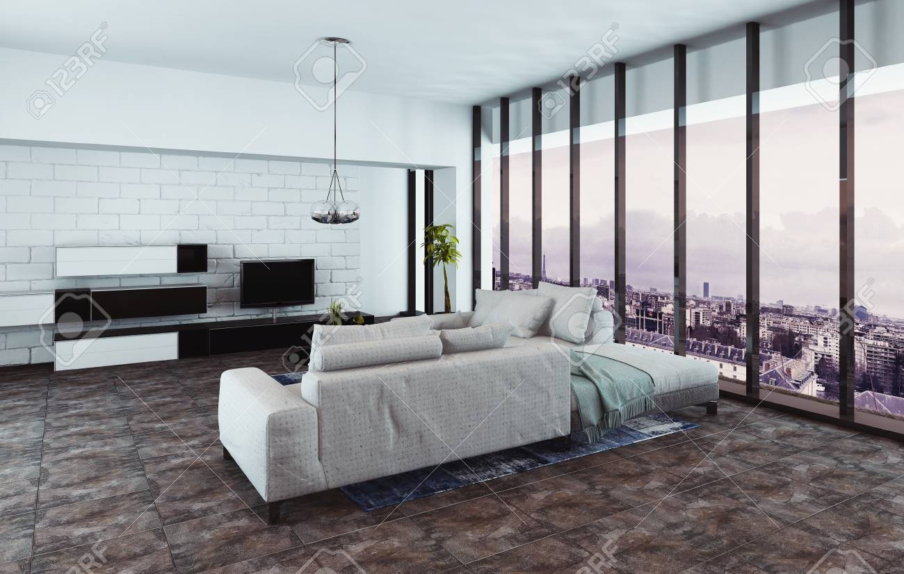 3d render of fancy living room with entertainment center chandelier and tall glass windows stock