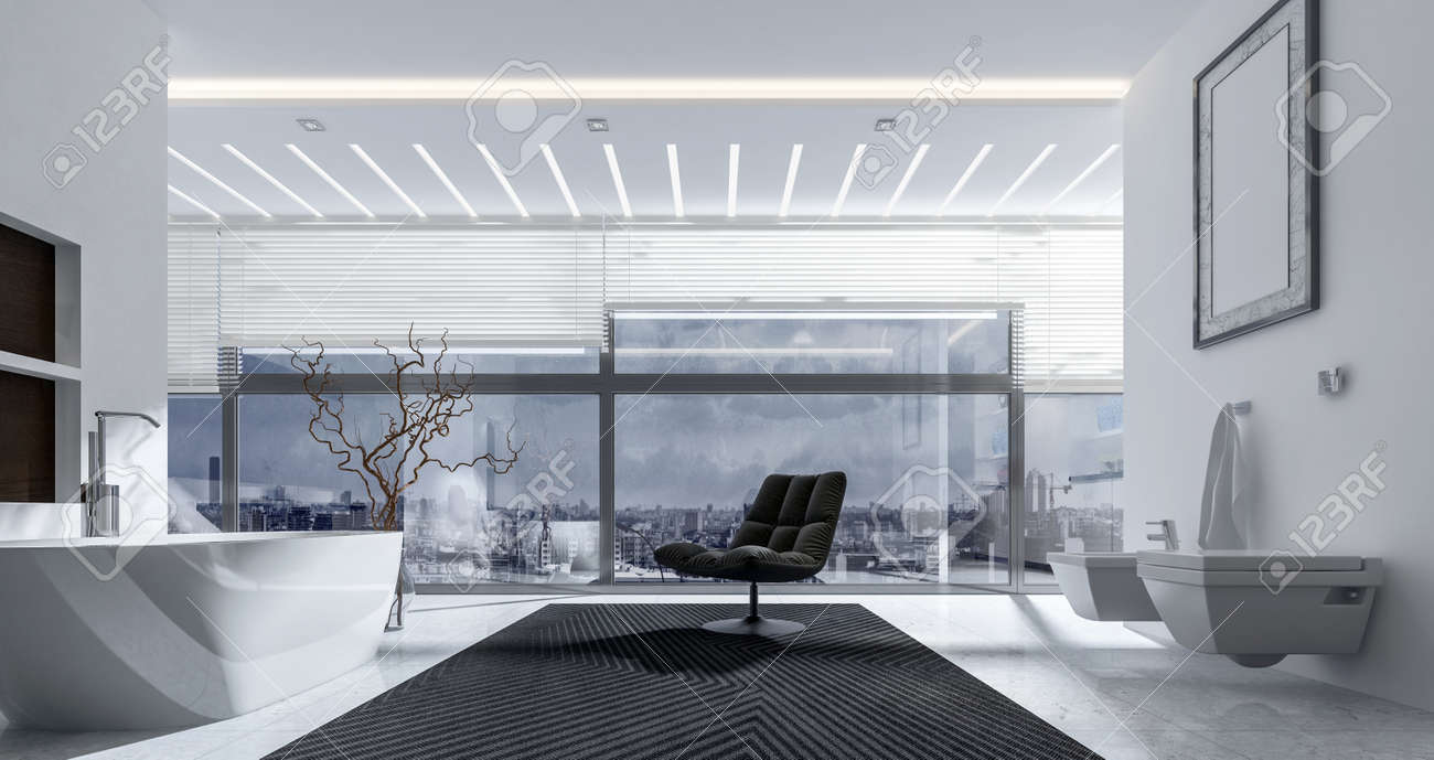 3d Rendering Interior Of Bathroom With Chair Tub Toilet Bidet