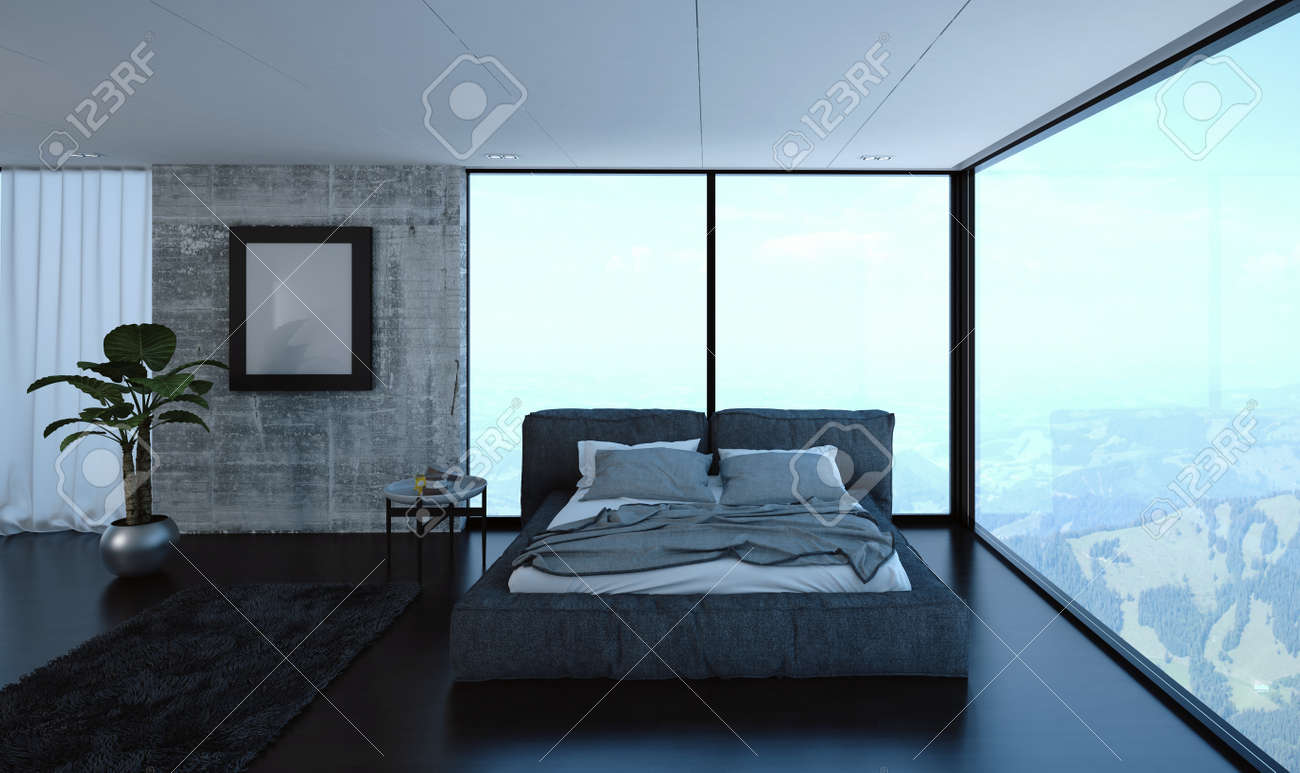 3d Ubertragen Vom Luxusschlafzimmer Mit Ungemachtem Bett In Der Wohnung Mit Grossen Fenstern Und Hugeln Im Hintergrund Lizenzfreie Fotos Bilder Und Stock Fotografie Image 65798358