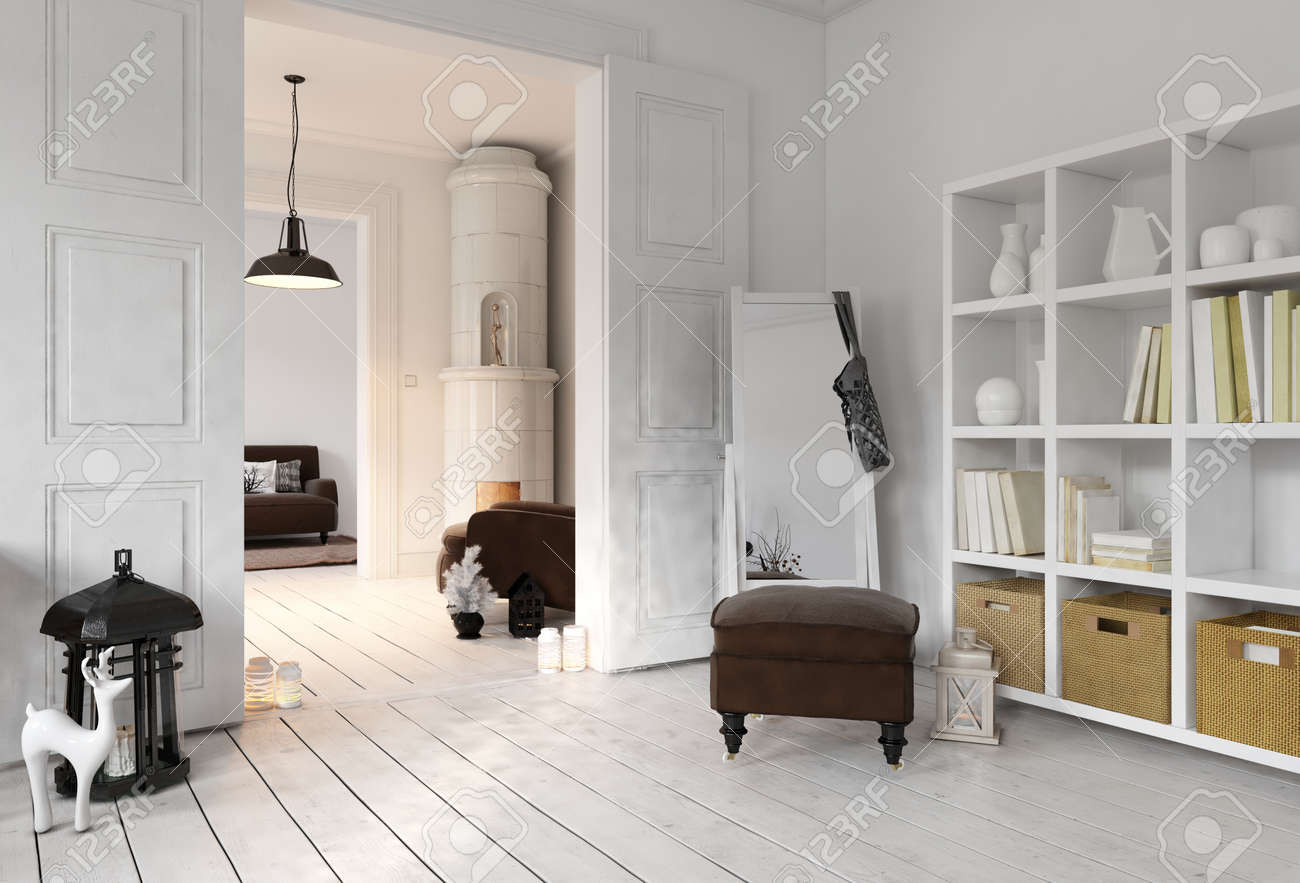 3D Render Of Apartment Living Room With Bookshelf Floor Mirror 3D Render Of Apartment Living Room With Bookshelf Floor Mirror