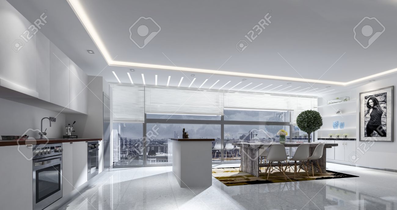 bild der modernen schienenbeleuchtung coole schienen 3drendering von großen küche und tisch mit jalousien an fenstern gestreifte schienenbeleuchtung von großen und mit an bild der modernen schienenbeleuchtung coole schienen 3drendering von großen küche und tisch mit jalousien an fenstern gestreifte schienenbeleuchtung von großen und mit an
