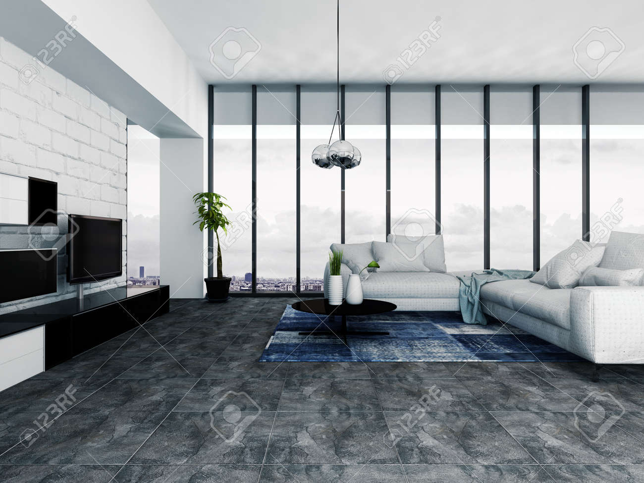 3d rendering of fancy living room with tv sets along wall tall ceiling to floor