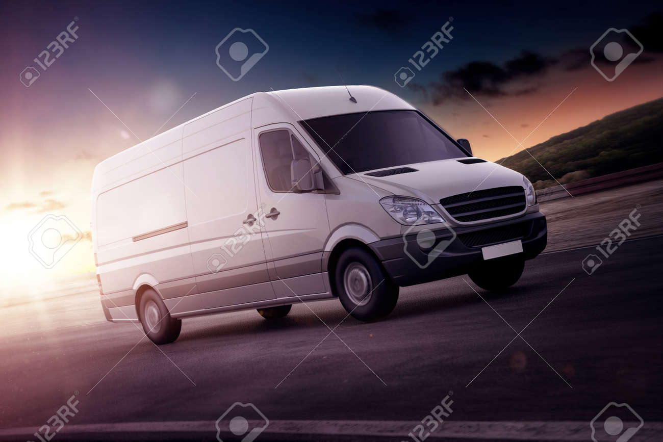 White van for freight haulage speeding along on a freeway backlit by the setting sun in a close up rendering or illustration with copy space - 65800179 White van for freight haulage speeding along on a freeway backlit by the setting sun in a close up rendering or illustration with copy space - 65800179