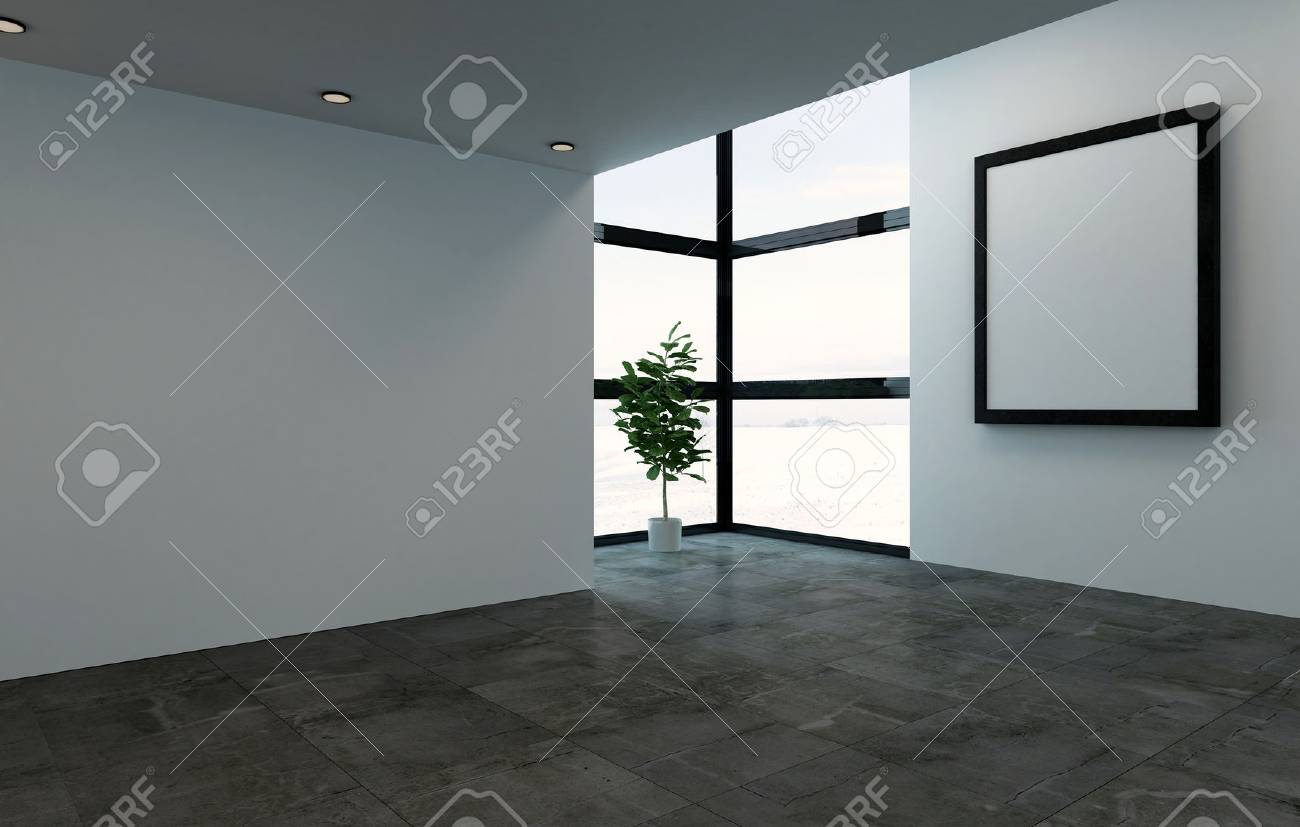 3D rendering interior scene of empty room with large square picture frame and bright windows. Single large houseplant tree in corner. - 65800305 3D rendering interior scene of empty room with large square picture frame and bright windows. Single large houseplant tree in corner. - 65800305