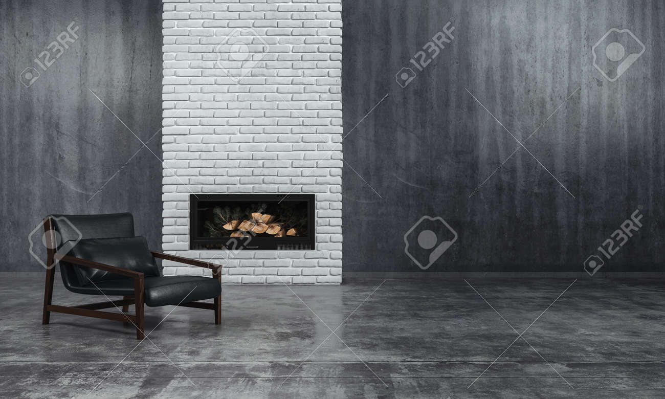 Minimalist monochrome living room interior with grey decor and a low slung leather recliner chair in front of an unlit fire in an inset in a textured brick feature wall, 3d render - 69791179 Minimalist monochrome living room interior with grey decor and a low slung leather recliner chair in front of an unlit fire in an inset in a textured brick feature wall, 3d render - 69791179