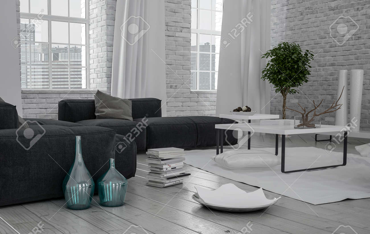 Monochromatic Modern White Loft Interior With A Grey Upholstered