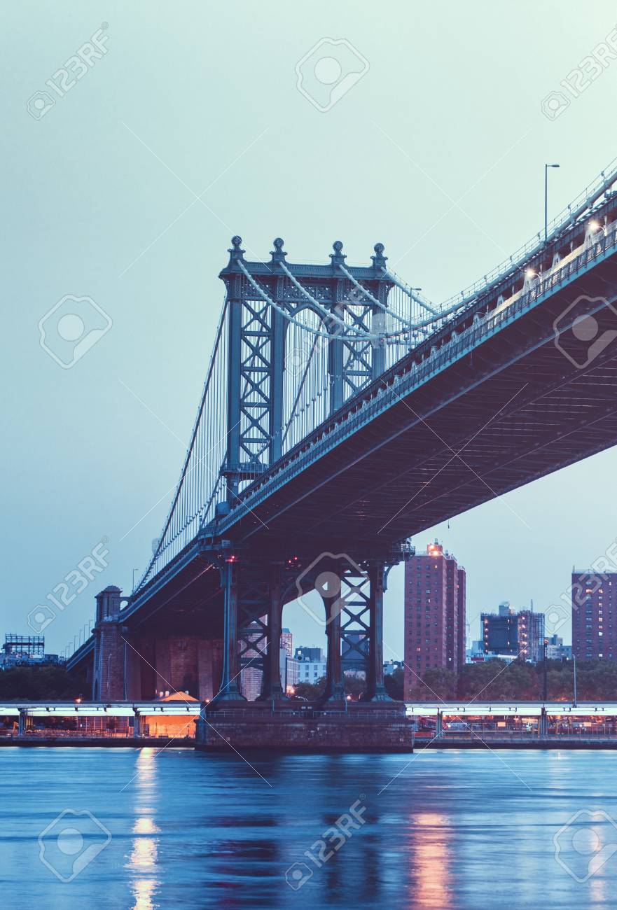 Low Light From Below View Of Bottom Of Manhattan Bridge From Brooklyn Side  Of East River - New York Stock Photo, Picture and Royalty Free Image. Image  70053691., image size:881x1300
