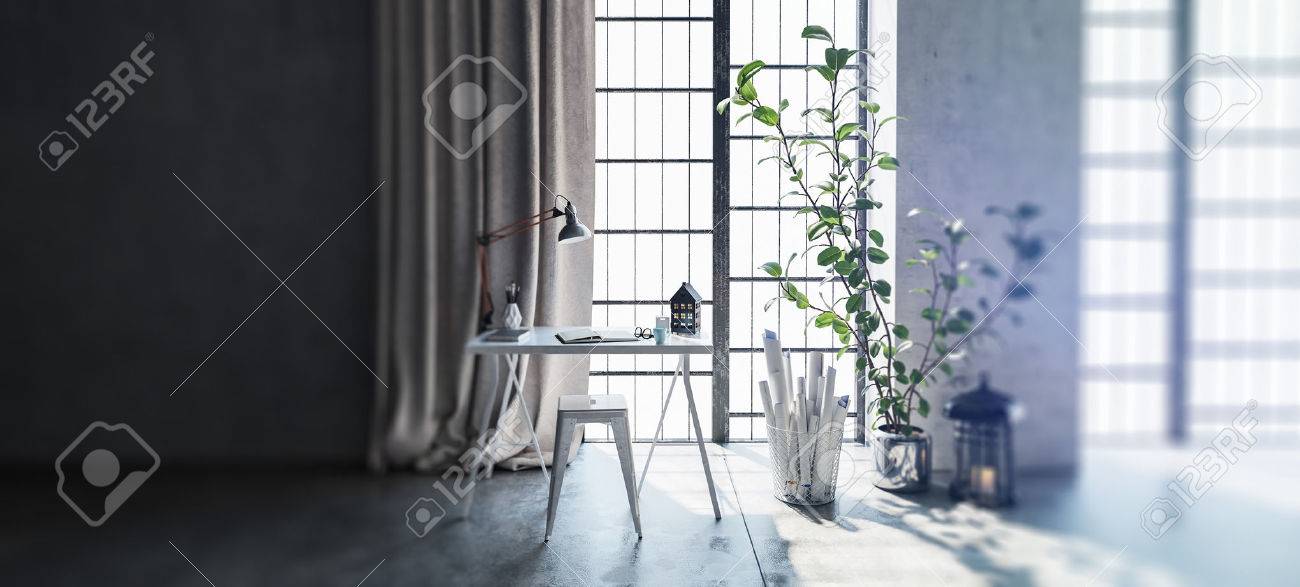 机と日光のモダンなアパートメントで Windows によって観葉植物の隣の広い視野 の写真素材 画像素材 Image