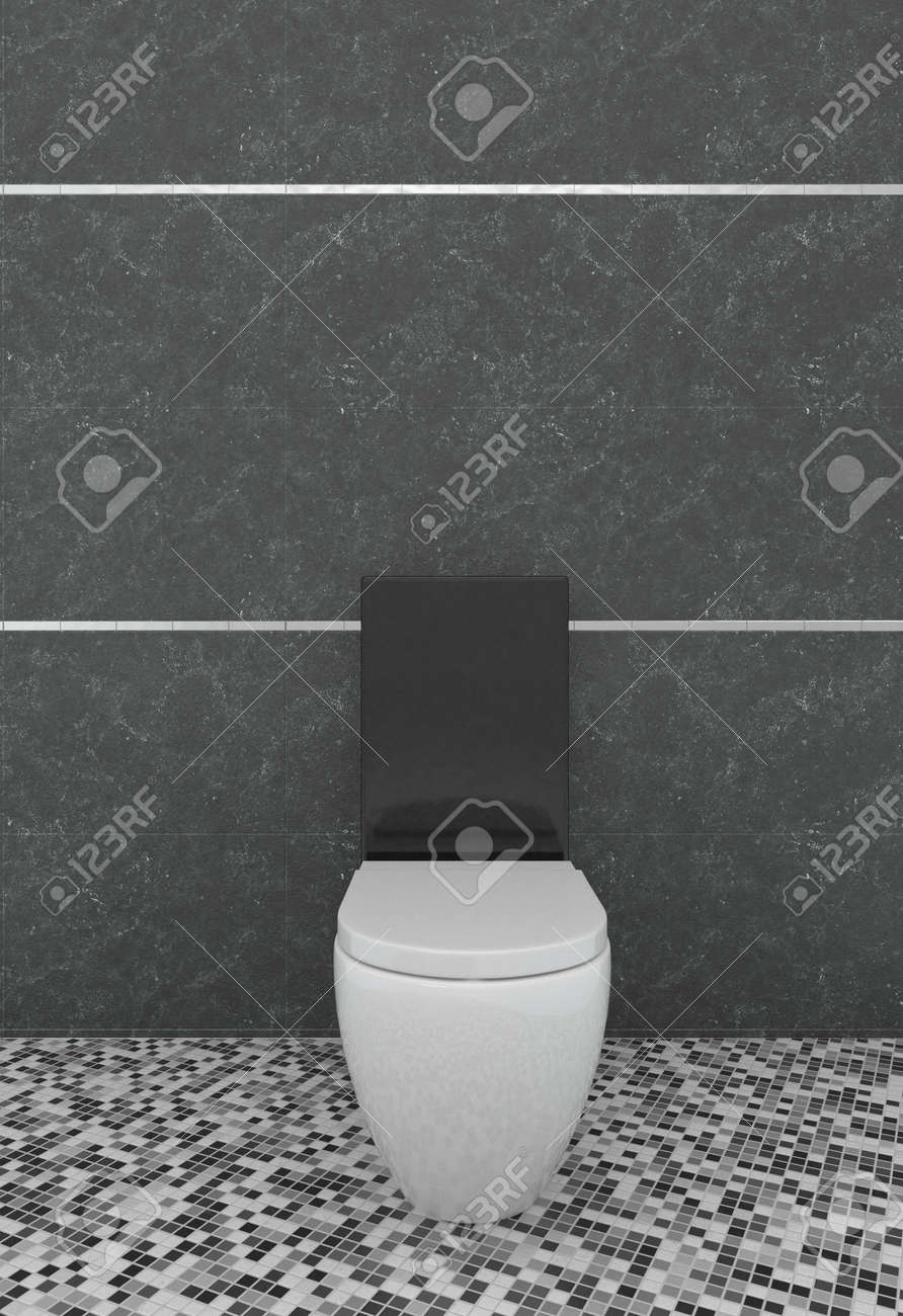 モダンなシンプルなトイレや 3 D でレンダリング パターンのモザイク模様の床と暗い灰色の壁に対して単純な白い水クローゼット バスルームのインテリア の写真素材 画像素材 Image