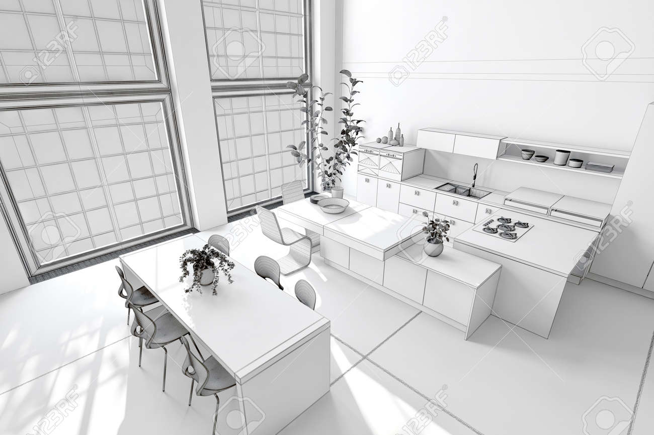 Cocina Blanca Y Limpia Y Comedor Con Decoración Monocromática ... Cocina Blanca Y Limpia Y Comedor Con Decoración Monocromática ...