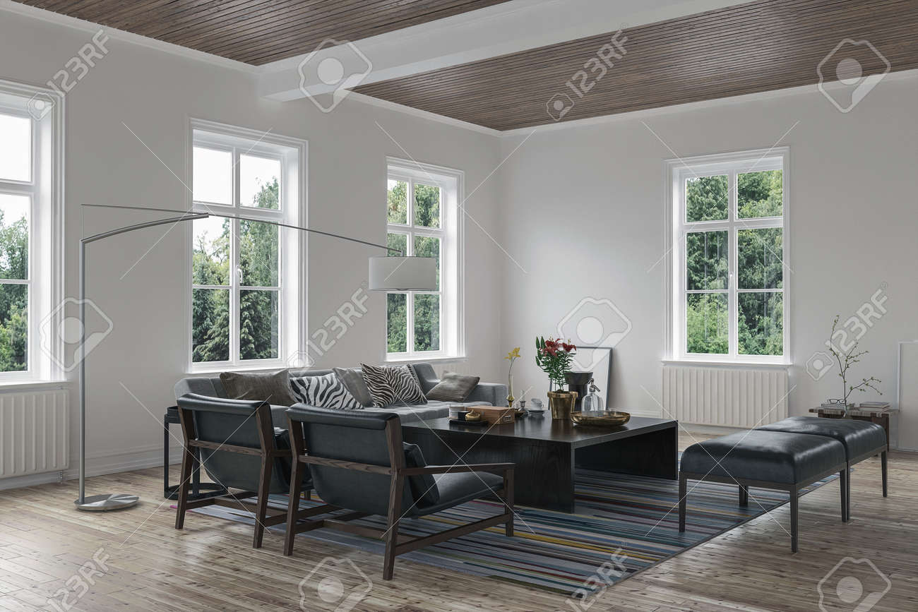 コテージでソファと北欧スタイル リビング ルーム インテリア 3 D レンダリング の写真素材 画像素材 Image