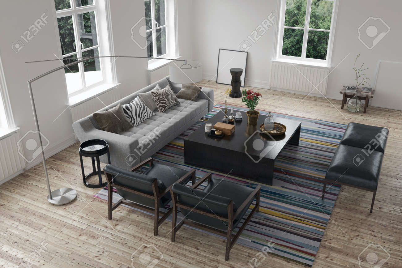 コテージでソファと北欧スタイル リビング ルーム インテリア 3 D レンダリング の写真素材 画像素材 Image