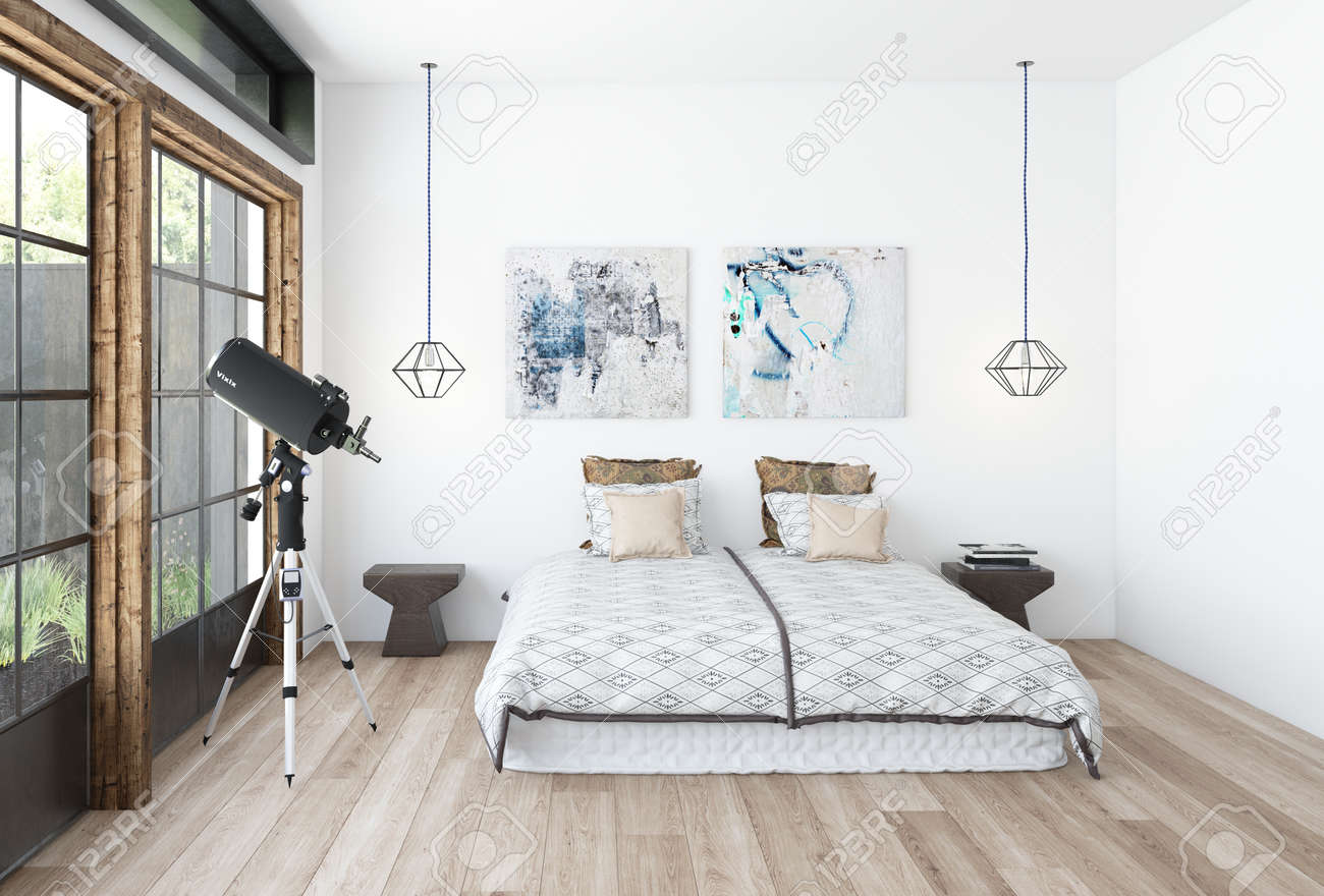 Modernes Schlafzimmer Interieur Mit Einem Teleskop Vor Einem Großen ... Modernes Schlafzimmer Interieur Mit Einem Teleskop Vor Einem Großen ...