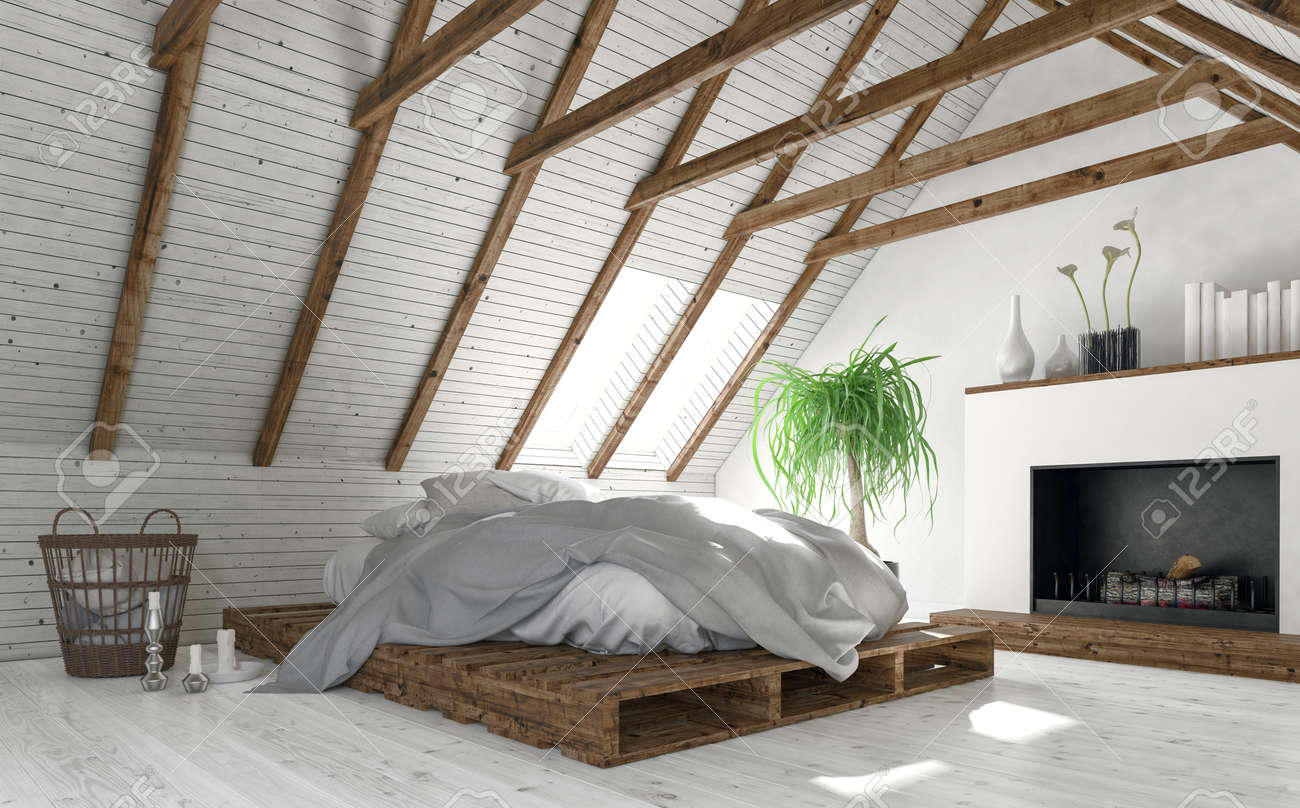 banque dimages concept de chambre mansarde avec des murs blancs design dintrieur minimaliste lit bas de plateaux en bois et chemine moderne - Lit Bas banque dimages concept de chambre mansarde avec des murs blancs design dintrieur minimaliste lit bas de plateaux en bois et chemine moderne - Lit Bas