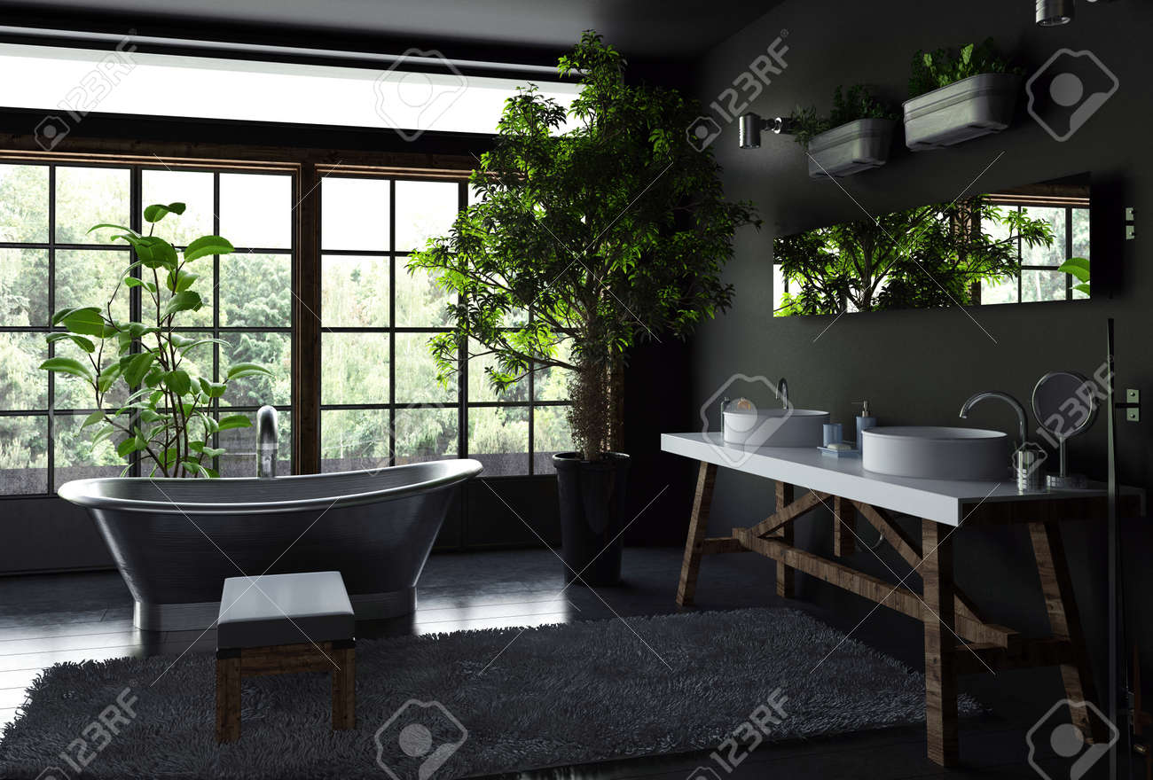 Geraumiges Badezimmer Interieur Konzept Mit Schwarzen Wanden Und Boden Pelz Teppich In Der Nahe Von Freistehenden Metall Bad Gegen Helle Breite Fenster Und Viele Grune Indoor Pflanzen 3d Rendering Lizenzfreie Fotos Bilder Und Stock Fotografie Image