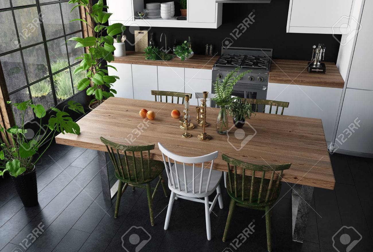 Negro En Mesa AltoAmplia Y De Cocina Superficie Sillas Moderna Ángulo La Vista Ventana Plantas Madera Comedor Con Desde BrillantePiso QBexEdCoWr