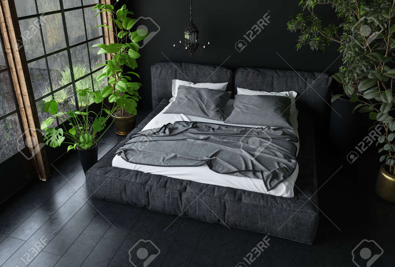 Lit King Size En Couleurs Sombres Dans Une Chambre à Coucher Avec ... Lit King Size En Couleurs Sombres Dans Une Chambre à Coucher Avec ...