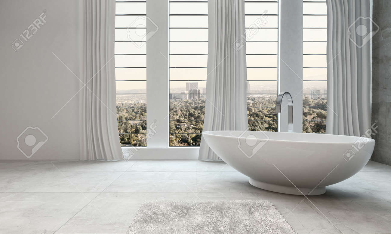Légant Intérieur De Salle De Bain Blanc Moderne Avec Une Baignoire ... Légant Intérieur De Salle De Bain Blanc Moderne Avec Une Baignoire ...