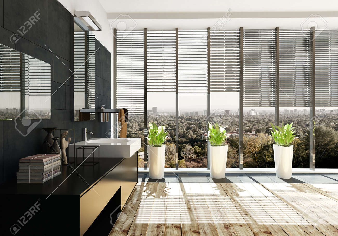 Spacious Modern Black Bathroom Interior With Large Vanity Unit