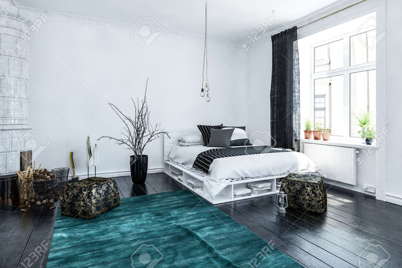 Modern Stylish High Key Airy Bedroom Interior With Black And