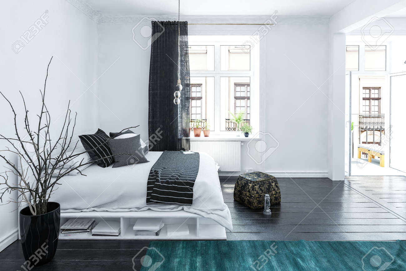 Large Spacious Grey And White Bedroom Interior In A Luxury Home