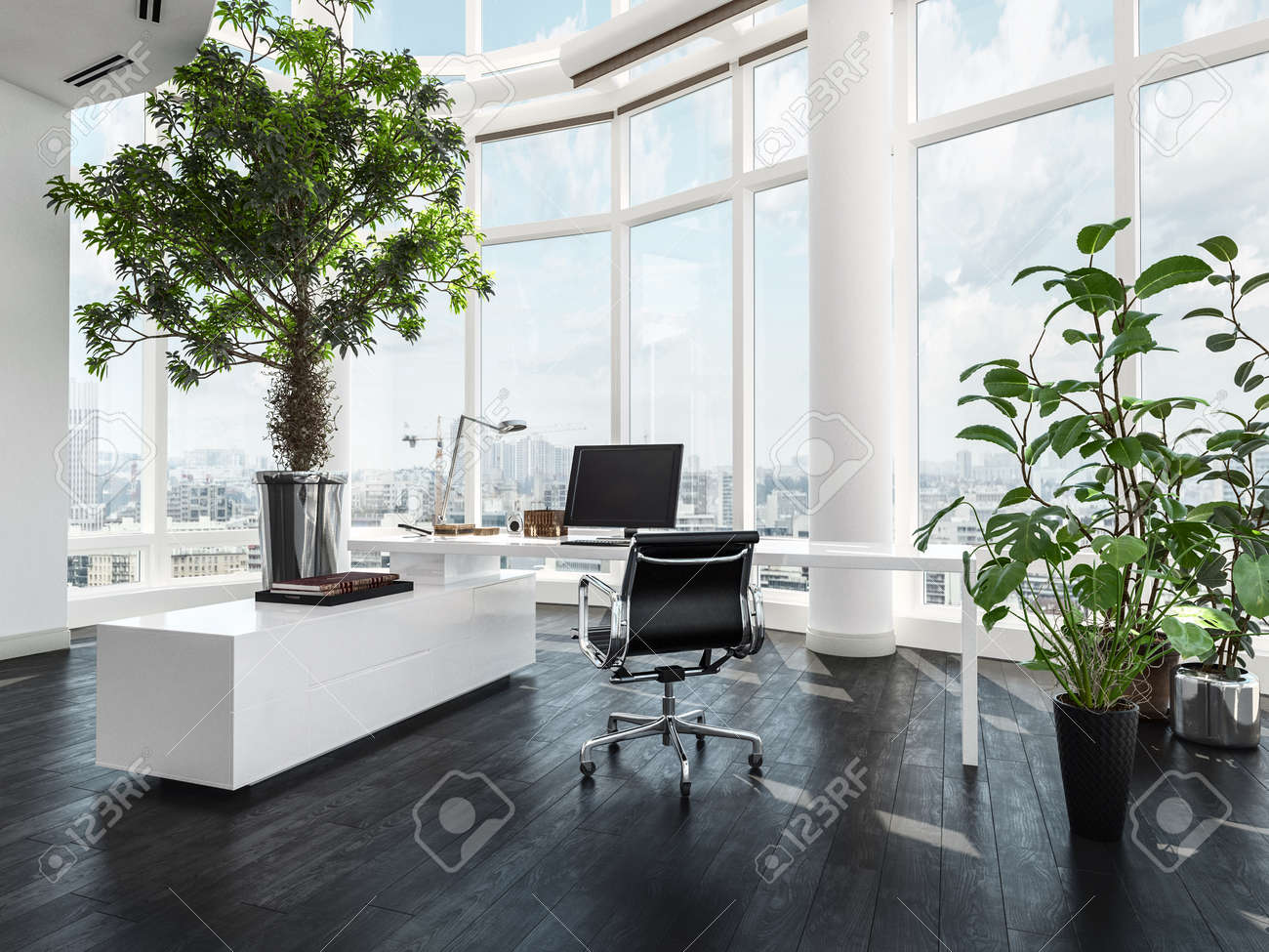 modern luxury office interior in a pent house with curved white