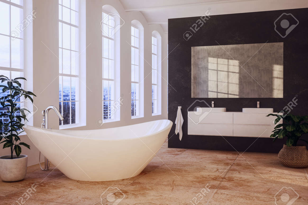 Elegant loft bathroom with tall windows overlooking a contemporary boat shaped bathtub and double vanities on a black divider wall with mirror. 3d rendering - 98755945 Elegant loft bathroom with tall windows overlooking a contemporary boat shaped bathtub and double vanities on a black divider wall with mirror. 3d rendering - 98755945