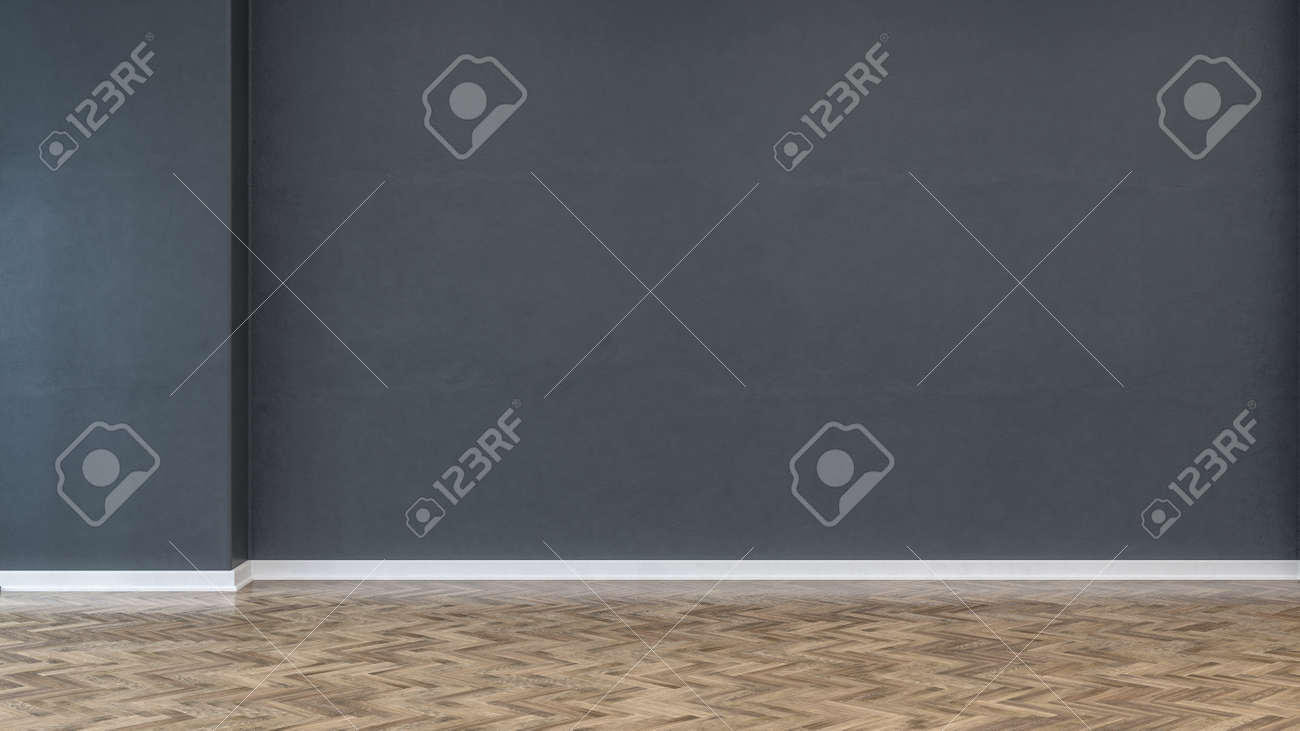 Herringbone Pattern Hardwood Floor And Plain Dark Grey Painted