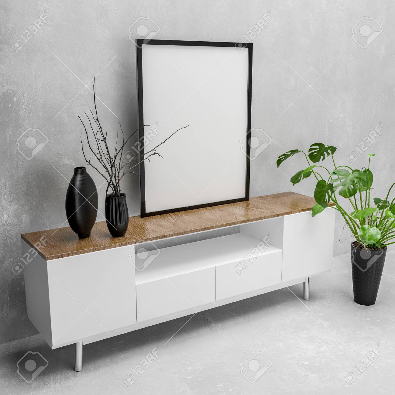 Modern white cabinet with blank picture canvas in a simple black frame on top and houseplant in a monochromatic white living room. 3d rendering - 130167296 Modern white cabinet with blank picture canvas in a simple black frame on top and houseplant in a monochromatic white living room. 3d rendering - 130167296
