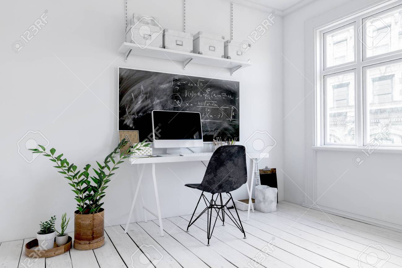 Trendy white office interior with blackboard above a small desk with computer and chair alongside potted plants. 3d rendering - 130167314 Trendy white office interior with blackboard above a small desk with computer and chair alongside potted plants. 3d rendering - 130167314