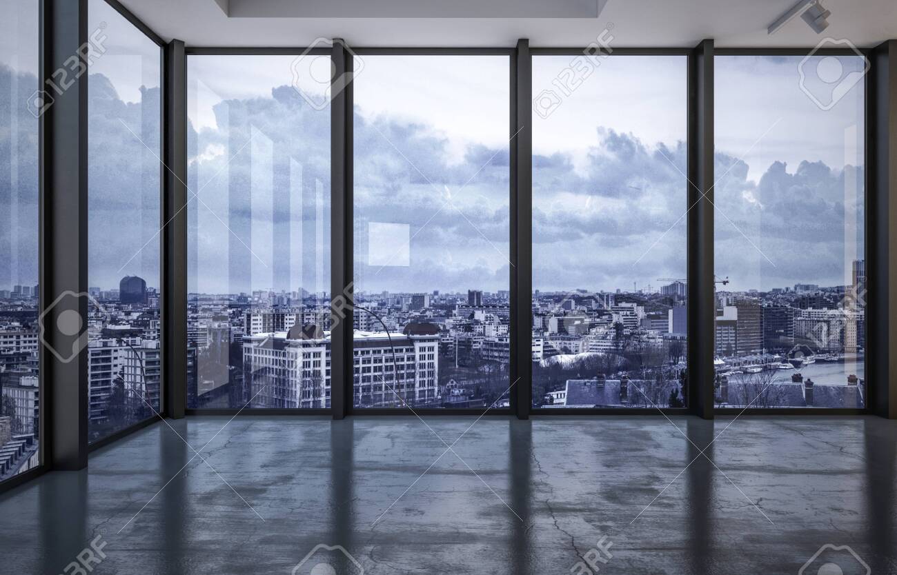 City rooftops viewed through wraparound floor to ceiling windows in a spacious empty room with grey floor in evening light with a cloudy sky. 3d rendering - 130167320 City rooftops viewed through wraparound floor to ceiling windows in a spacious empty room with grey floor in evening light with a cloudy sky. 3d rendering - 130167320