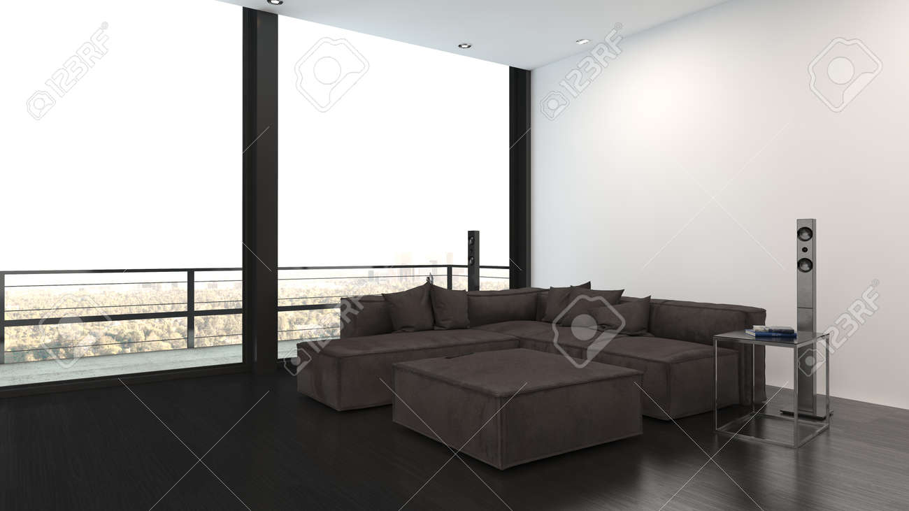 Minimalist interior design living room with large grey corner sofa, high-end stereo system and panoramic view windows with balcony - 142466281 Minimalist interior design living room with large grey corner sofa, high-end stereo system and panoramic view windows with balcony - 142466281