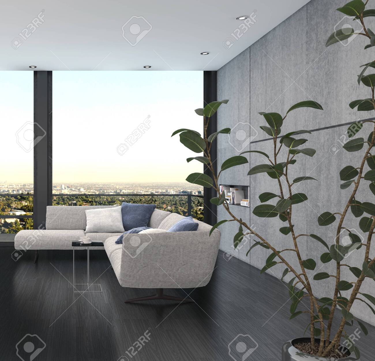 Minimalist interior design of a living room with corner couch of grey color against wide panoramic window and the indoor plant with green leaves in foreground - 142466283 Minimalist interior design of a living room with corner couch of grey color against wide panoramic window and the indoor plant with green leaves in foreground - 142466283